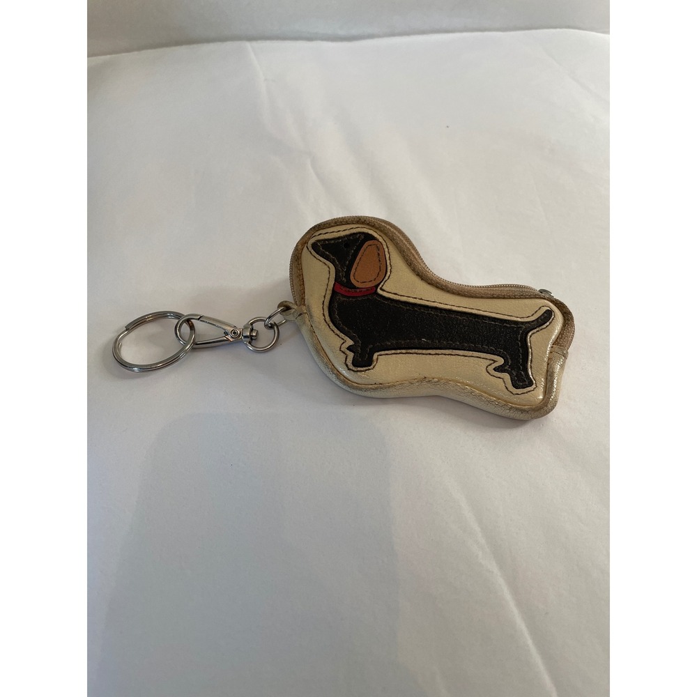 Dachshund Wiener Dog Coin Purse Keychain Faux Leather Cream Brown Novelty Pouch